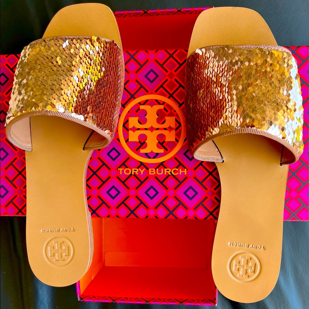 Tory Burch Carter Slide Reversible Sequins Rose Gold Size 7